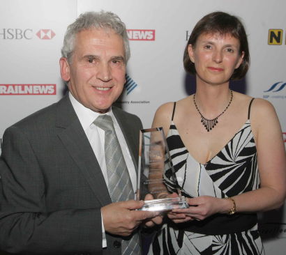 Northern Rail managing director Heidi Mottram receives the Rail Business of the Year award from Interfleet managing director David Rollin.