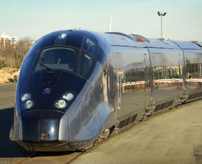 Photographed away from the overhead power lines which power it, Alstom’s AGV train will first operate in Italy.