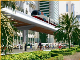 An artist's impression of a Metro train on an elevated part of the route on Sheikh Zayed Road