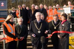 Jo Kaye, NR route director; Cllr Tim Heslop, Leader Allerdale BC; Cllr 'Binky' Armstrong, Mayor of Allerdale; Tony Cunningham MP, Cllr Robert Hardon, Dep. Mayor; Heidi Mottram, MD Northern