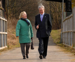 Veteran Borders rail campaigner Madge Elliot and transport minister Stewart Stevenson at Galashiels