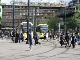 Manchester Metrolink trams in Piccadilly Gardens